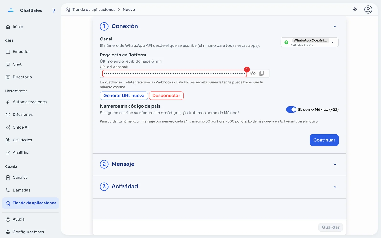 Sección Conexión con la URL del webhook