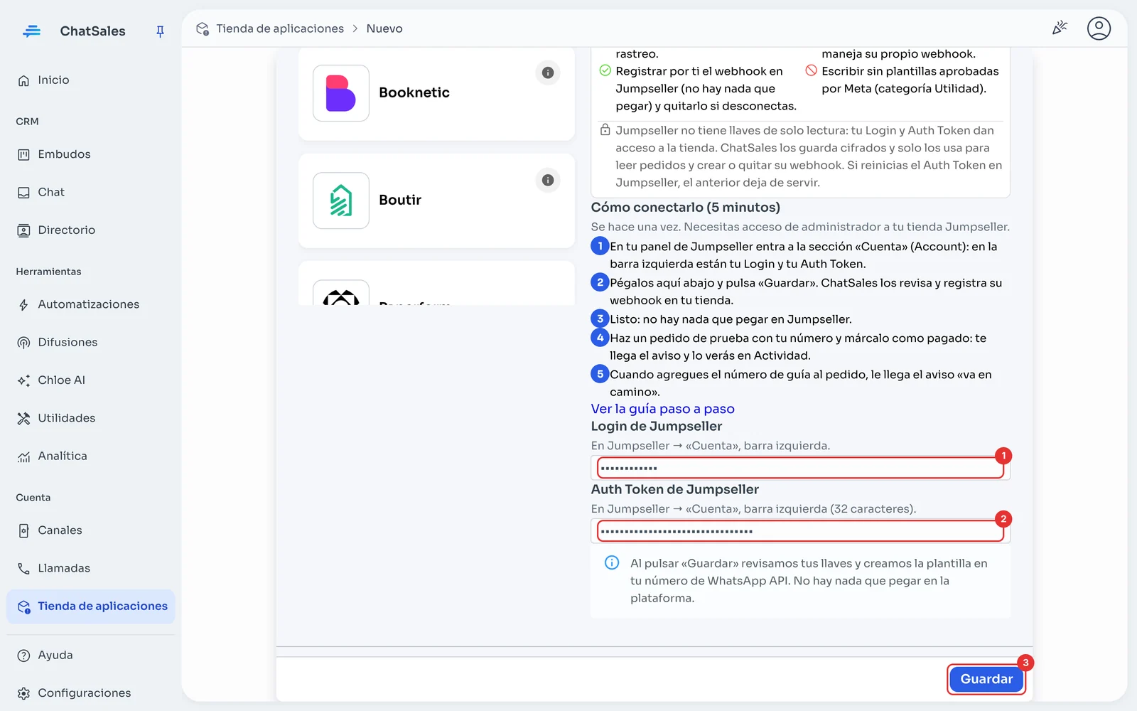 Campos Login y Auth Token de Jumpseller y botón Guardar