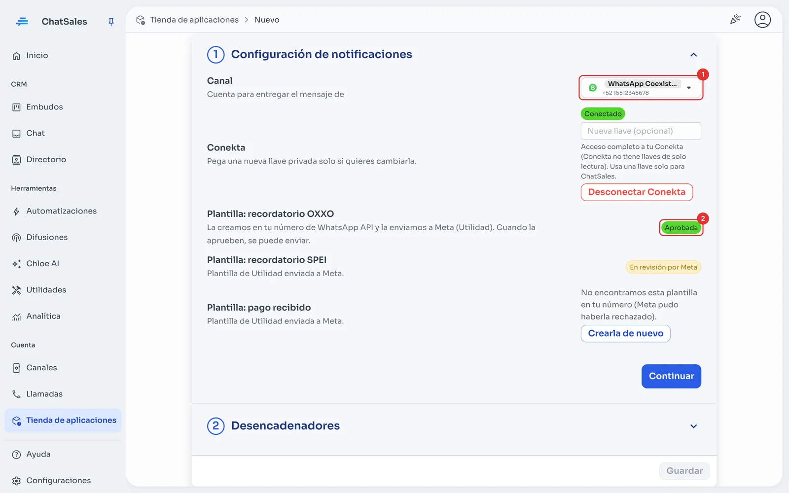 Ajustes con el canal y el estado de las plantillas