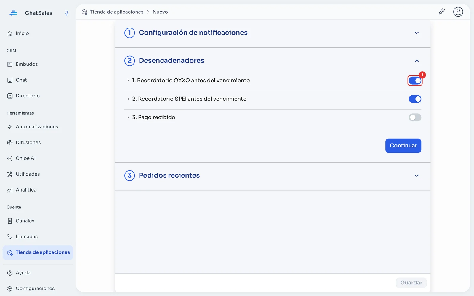 Disparadores con los interruptores de cada mensaje