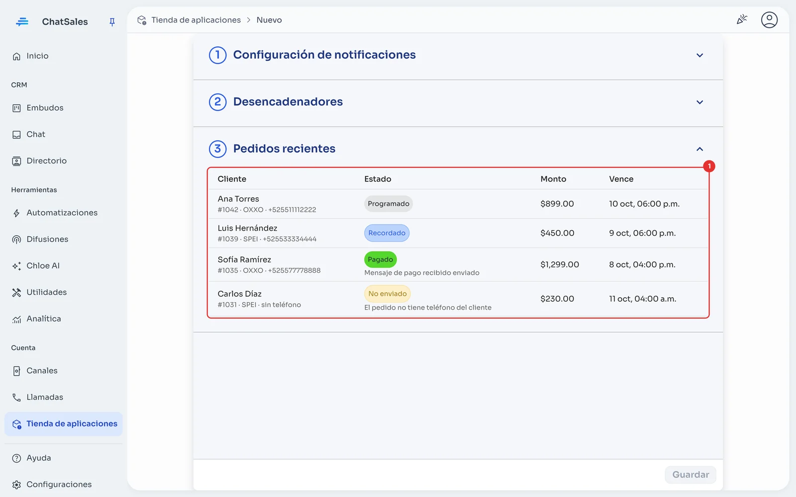Pedidos recientes con estado y motivo