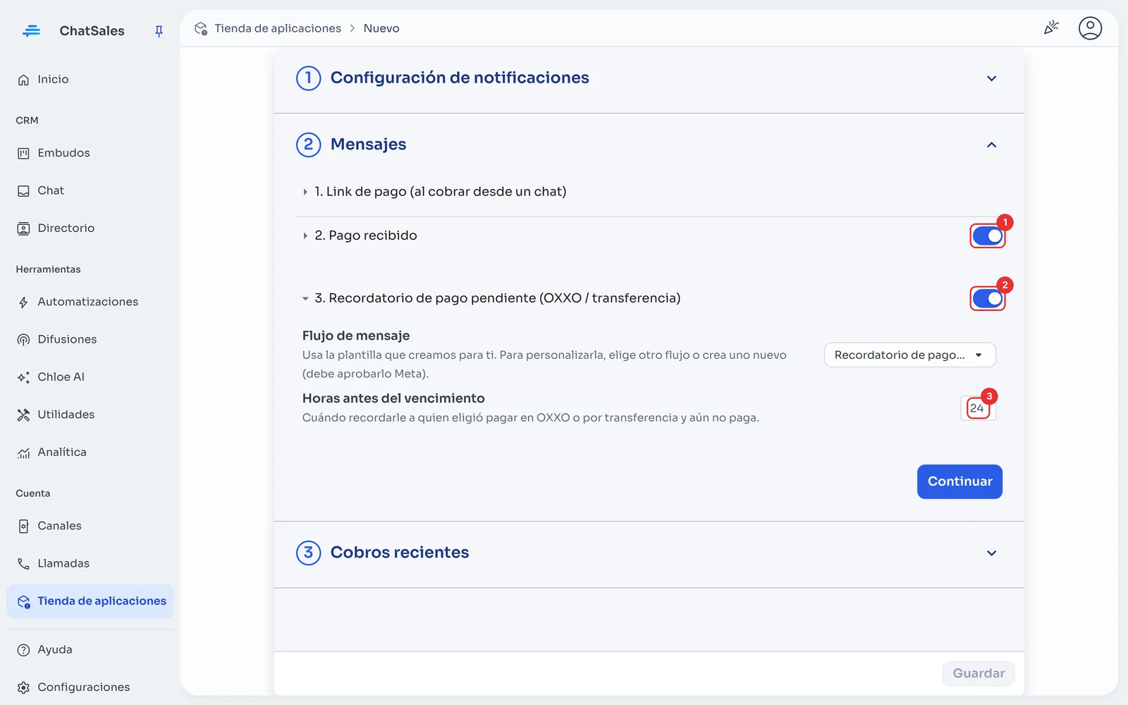 Sección Mensajes con la vigencia del link, los interruptores y las horas