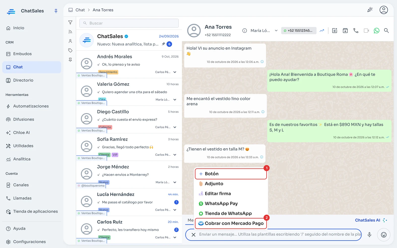 Menú del botón más en un chat con Cobrar con Mercado Pago marcado