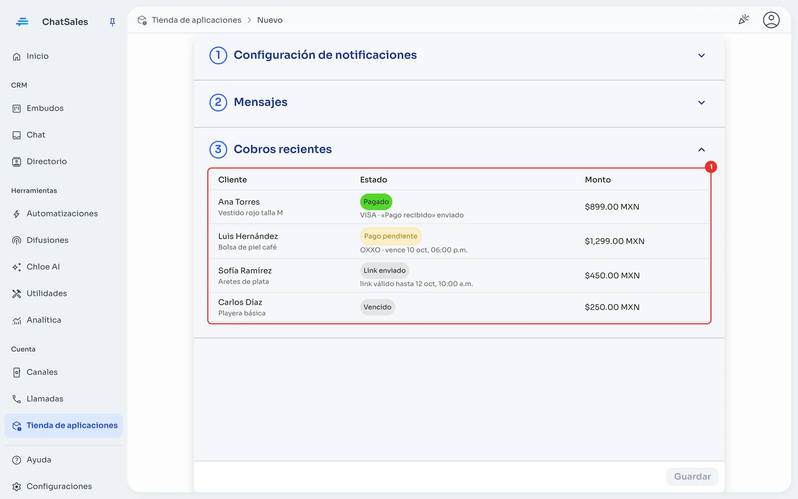 Cobros recientes con cobros pagados, pendientes, enviados y vencidos