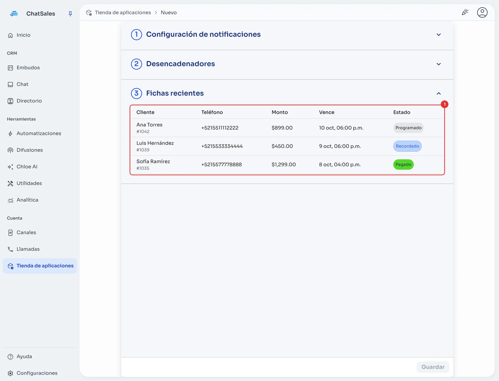 Fichas recientes con fichas programadas, recordadas y pagadas