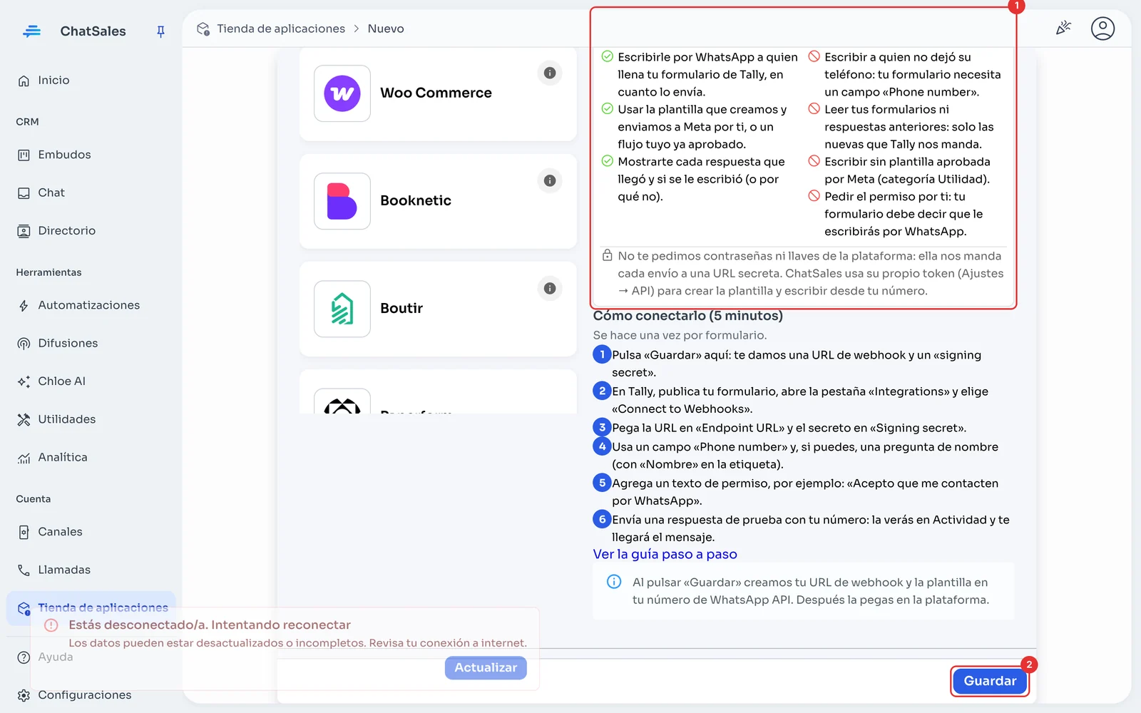 Recuadro Qué hace y qué no hace, pasos y botón Guardar