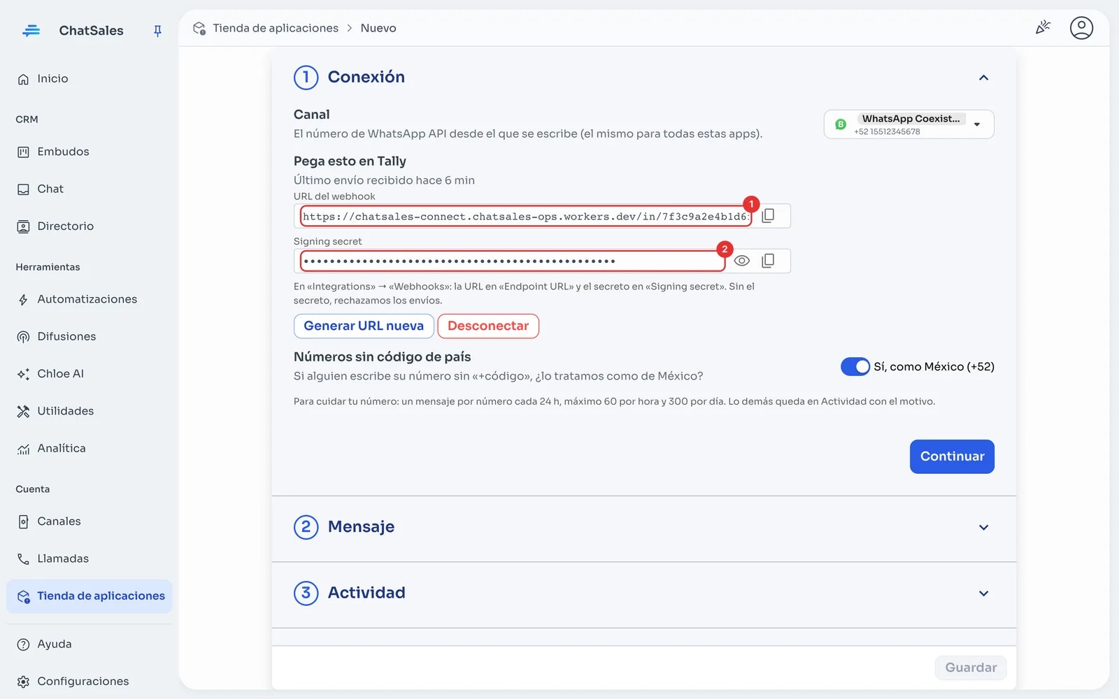 Sección Conexión con la URL del webhook