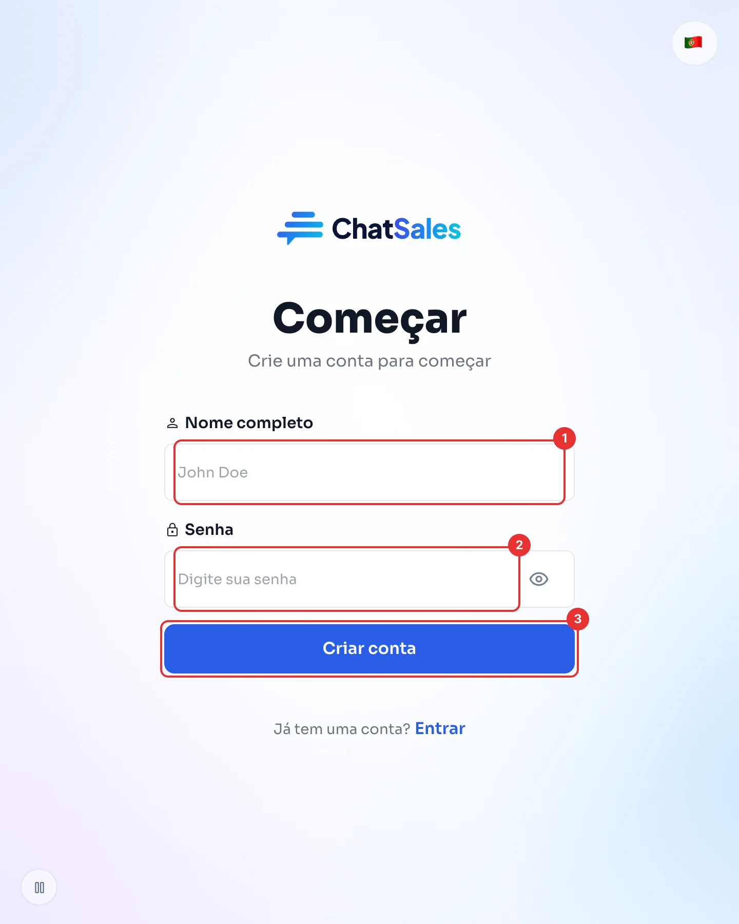 Formulário de cadastro do ChatSales com nome completo, senha e o botão Criar conta