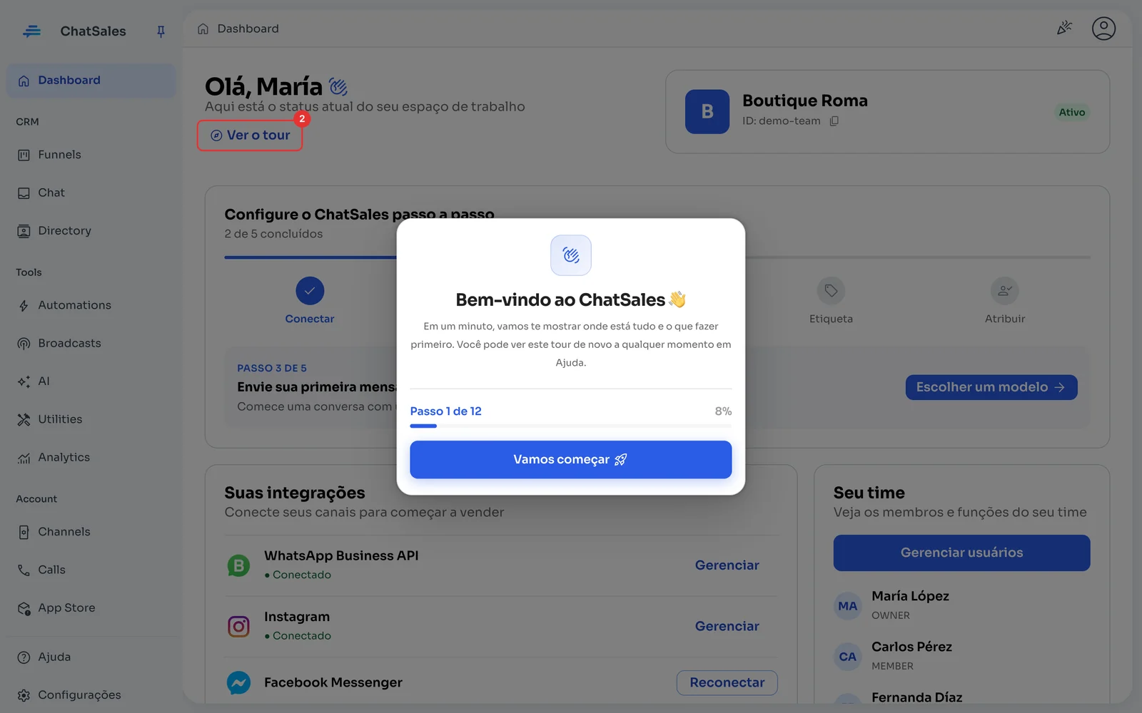 Tour de boas-vindas do ChatSales sobre o Dashboard, com o link Ver o tour