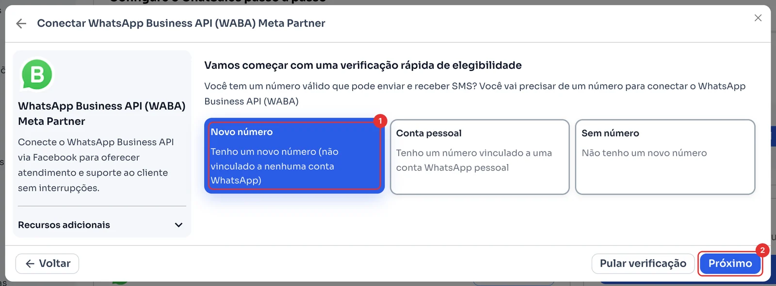 Verificação de elegibilidade com Novo número, Conta pessoal e Sem número
