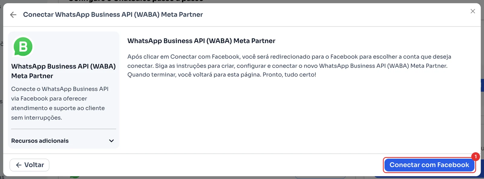 Passo final com o botão Conectar com Facebook