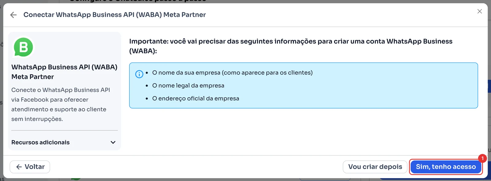 Lista de dados da empresa necessários para criar a conta do WhatsApp Business