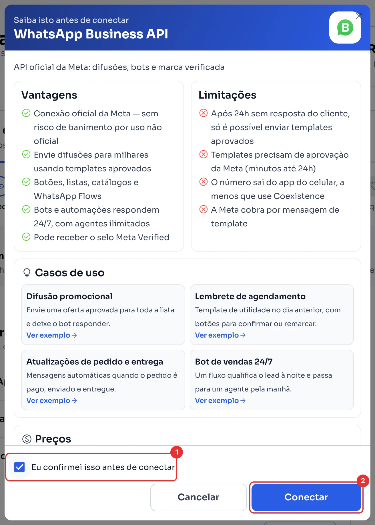 Janela Saiba isto antes de conectar do WhatsApp Business API, com a caixa de confirmação e o botão Conectar