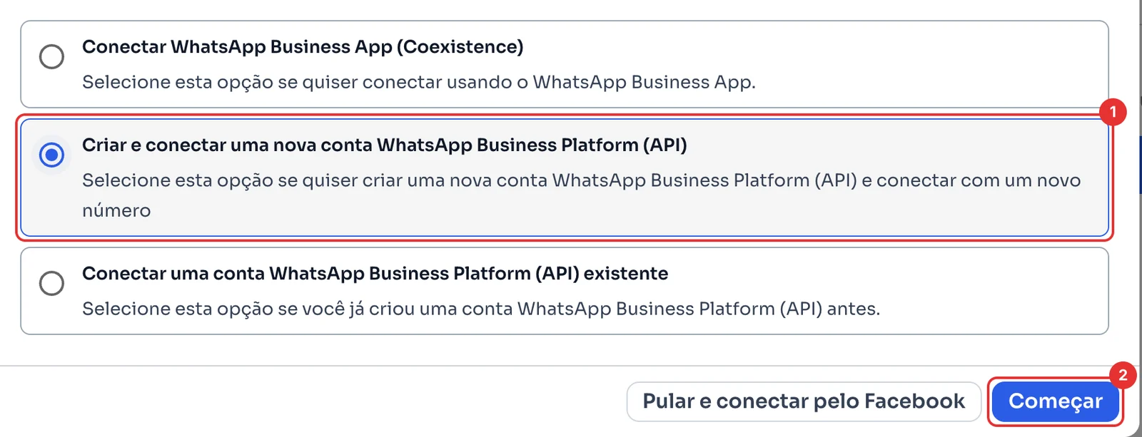 As três formas de conectar a API, com Criar e conectar uma nova conta selecionada