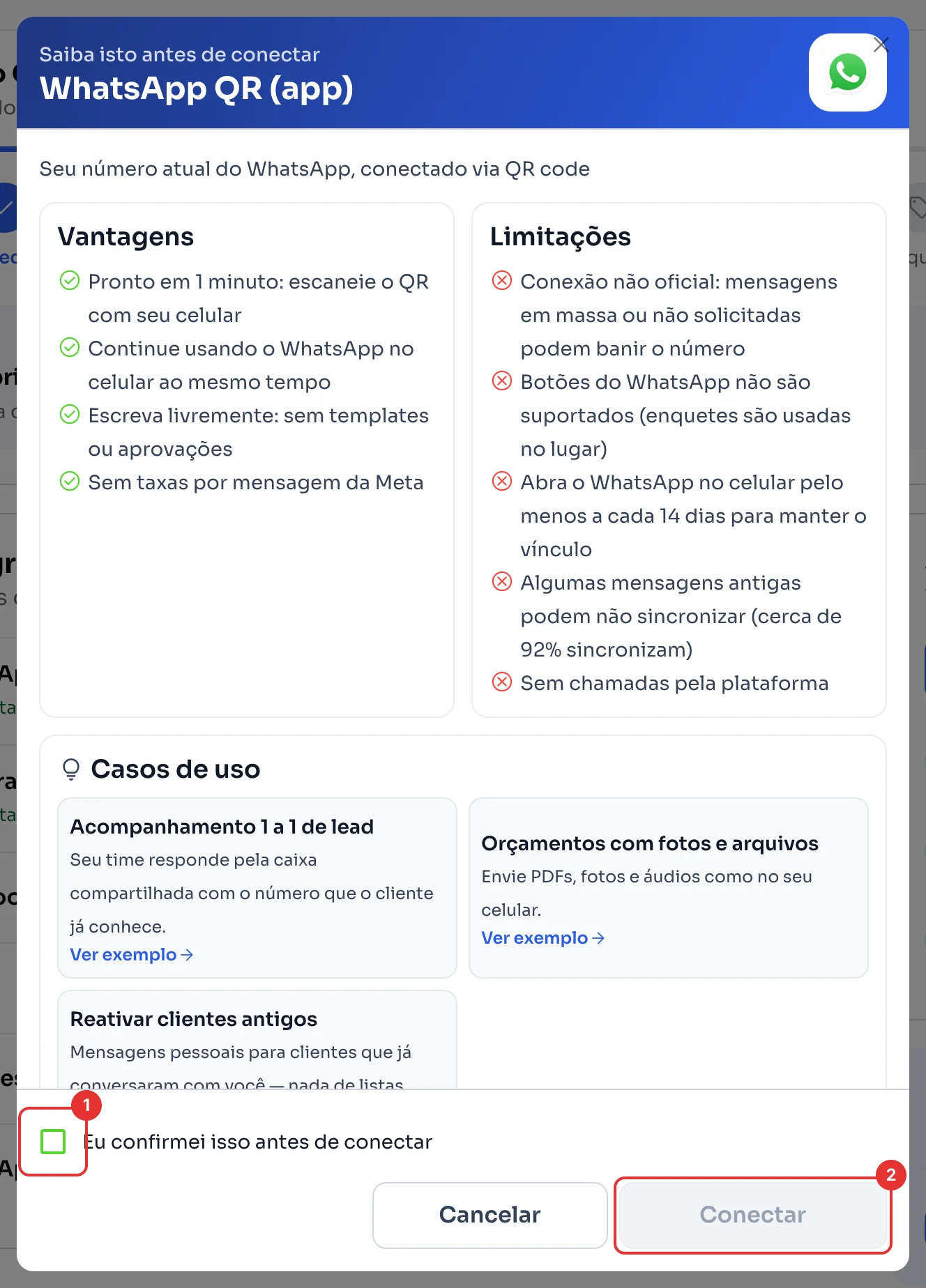 Janela do ChatSales antes de conectar o WhatsApp QR, com vantagens, limitações e o botão Conectar