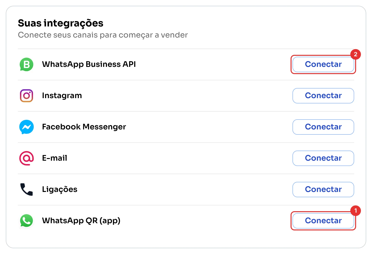 Cartão Suas integrações com WhatsApp QR (app) e WhatsApp Business API