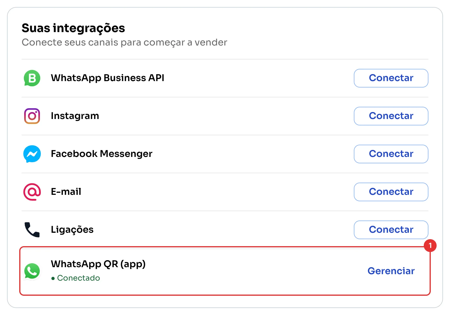 WhatsApp QR (app) conectado em Suas integrações