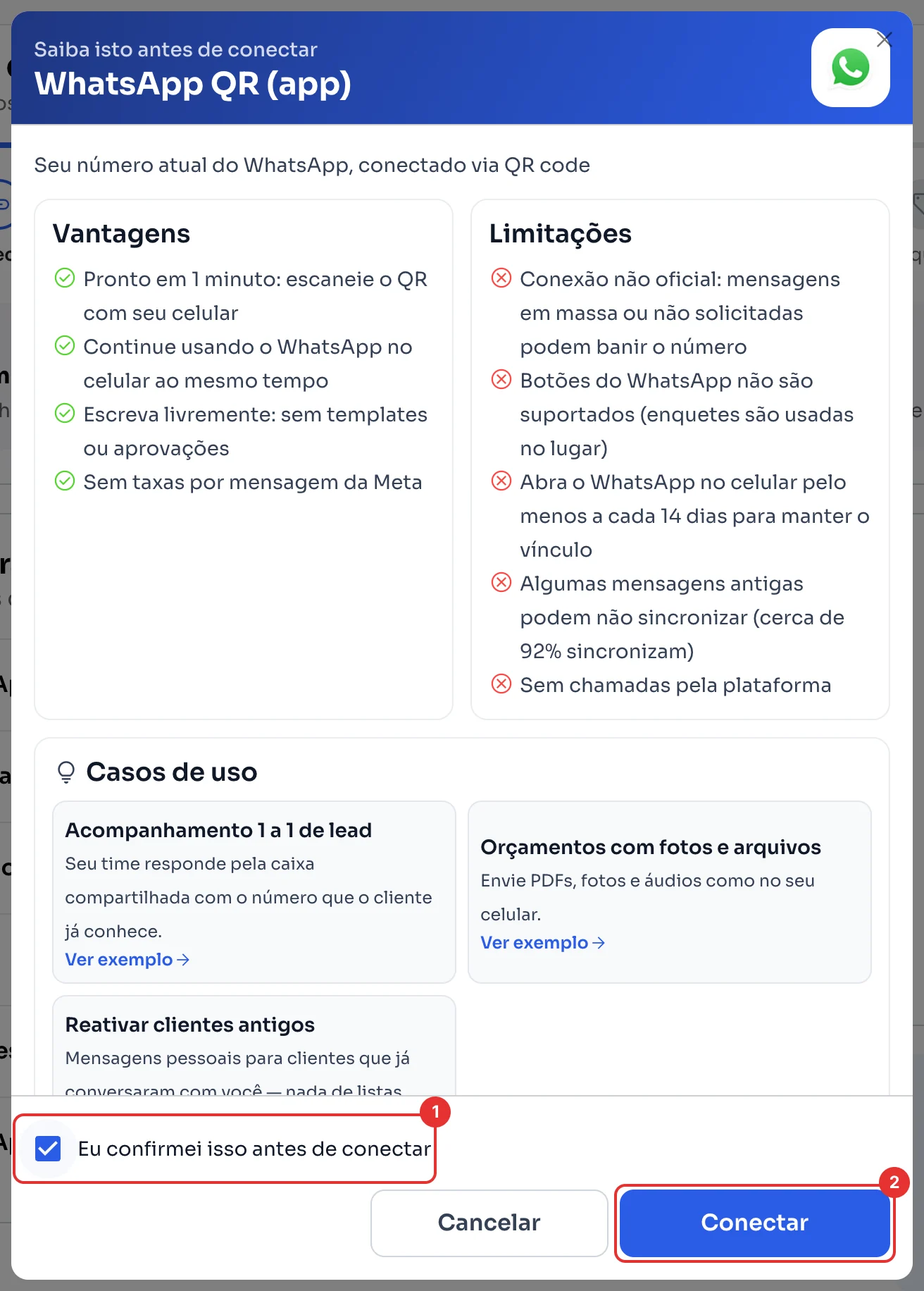 Janela Saiba isto antes de conectar do WhatsApp QR, com a caixa de confirmação e o botão Conectar