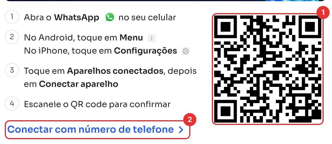 Passos para conectar e QR code, com o link Conectar com número de telefone