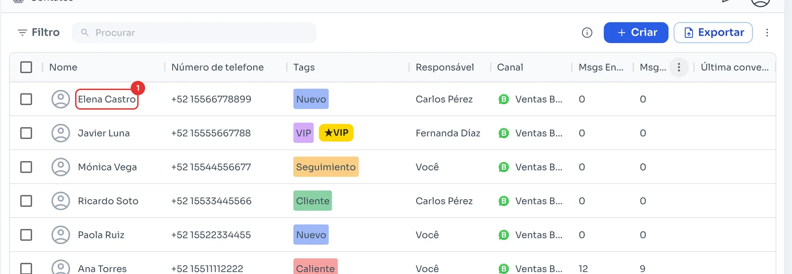 Contatos com os contatos importados no início da lista