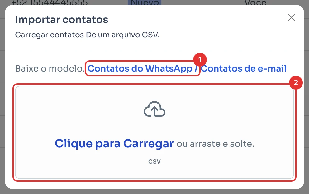 Janela Importar contatos com o modelo Contatos do WhatsApp e a área para carregar o arquivo