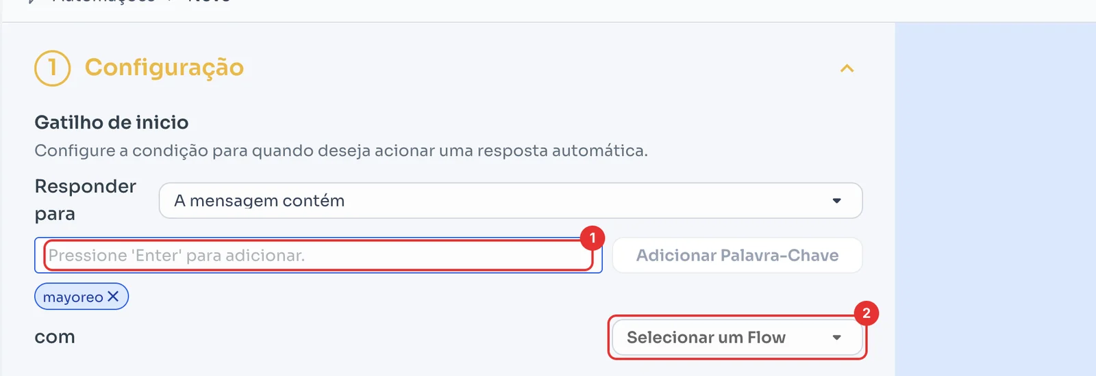 Nova resposta por palavra-chave com a palavra adicionada e o seletor de flow