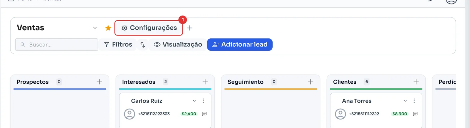 Funil Ventas com as etapas e o botão Configurações