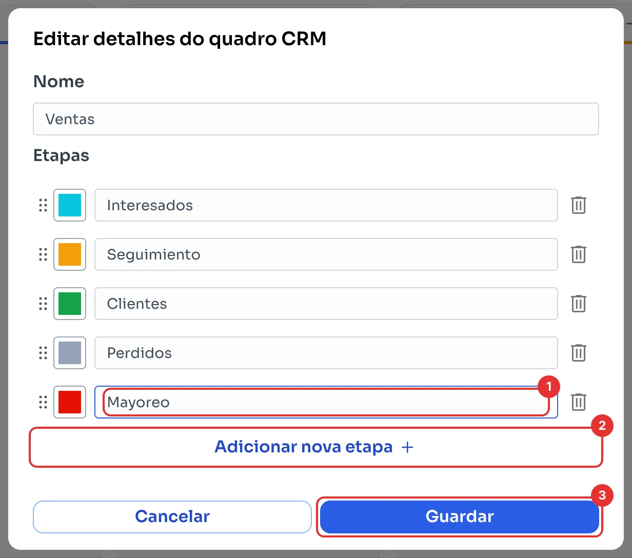 Janela Editar detalhes do quadro CRM com uma etapa nova e o botão Guardar