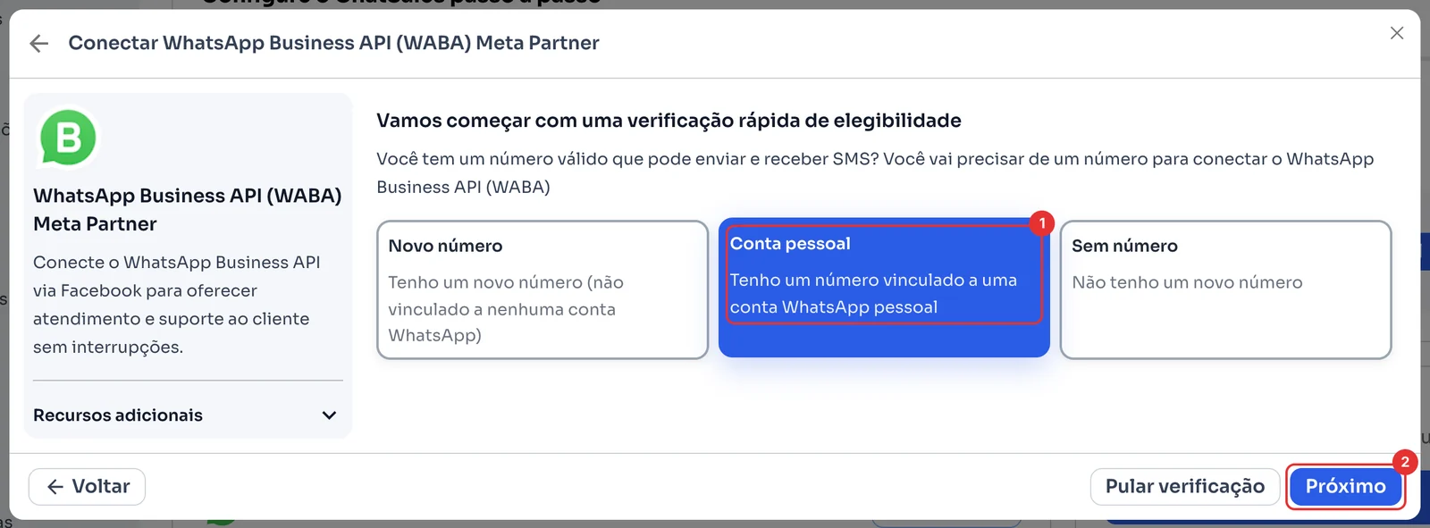 Verificação de elegibilidade com Conta pessoal selecionada