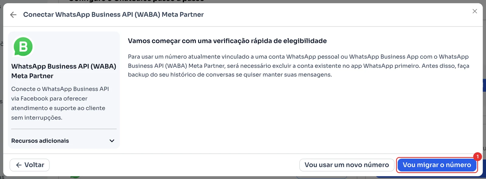 Aviso para apagar a conta do app e o botão Vou migrar o número