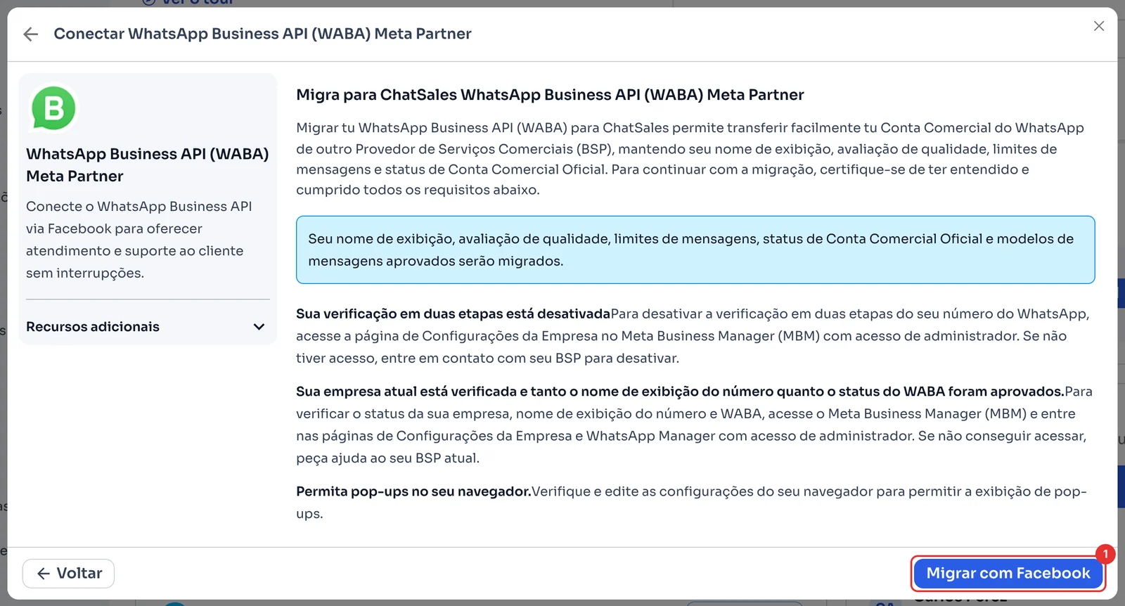 Requisitos da migração e o botão Migrar com Facebook