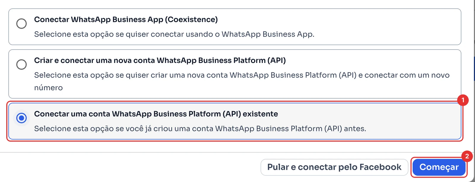 As três formas de conectar, com Conectar uma conta existente selecionada