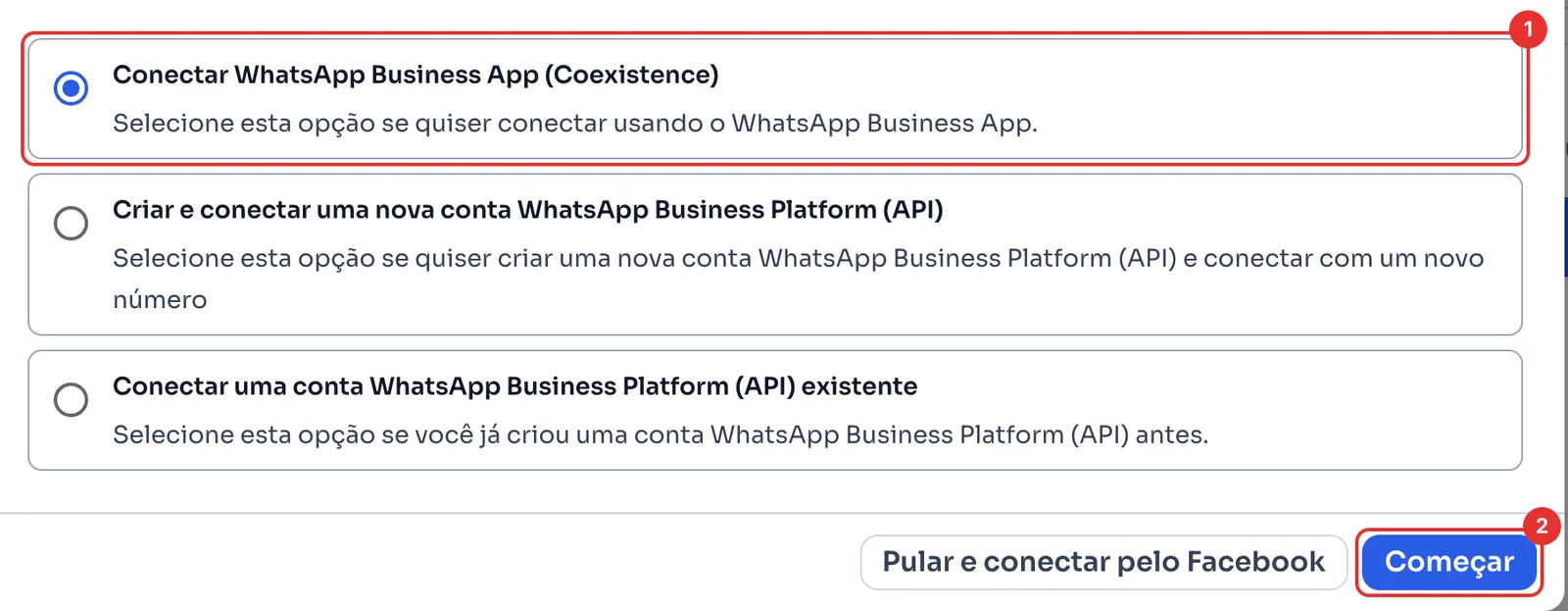 As três formas de conectar, com Coexistence selecionada