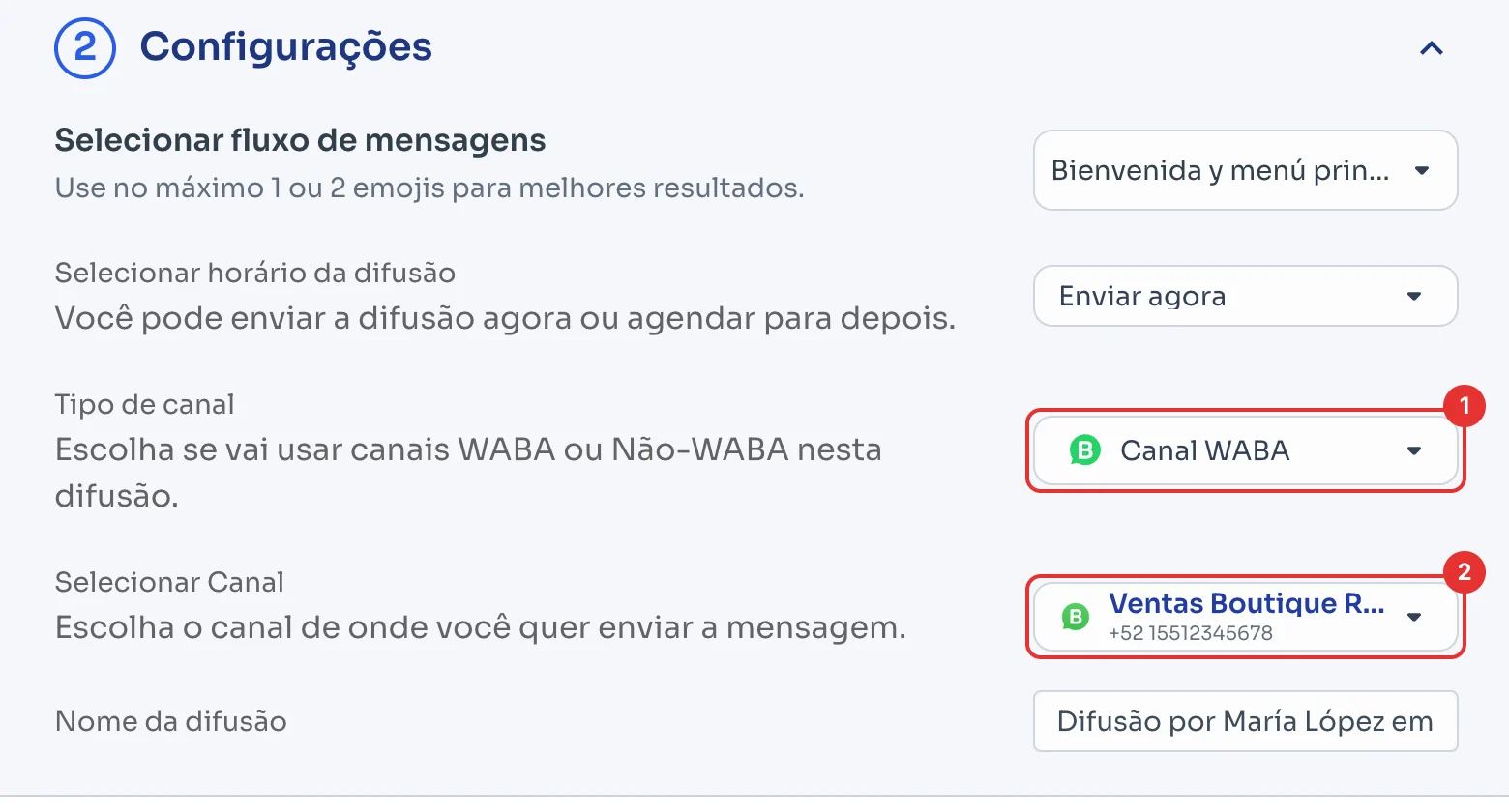 Tipo de canal Canal WABA e o canal selecionado