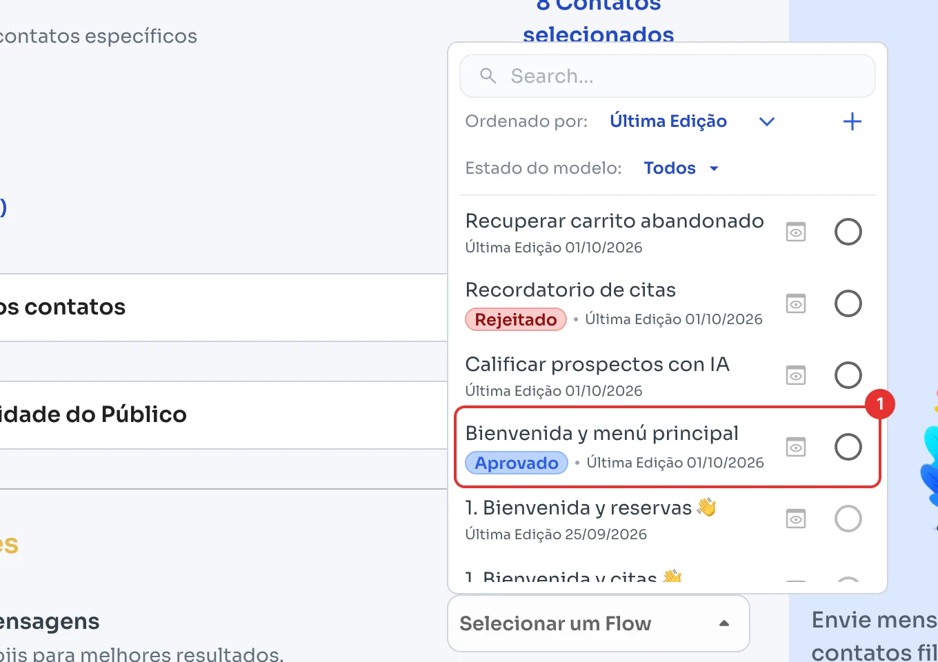 Lista de fluxos de mensagens com um modelo Aprovado marcado