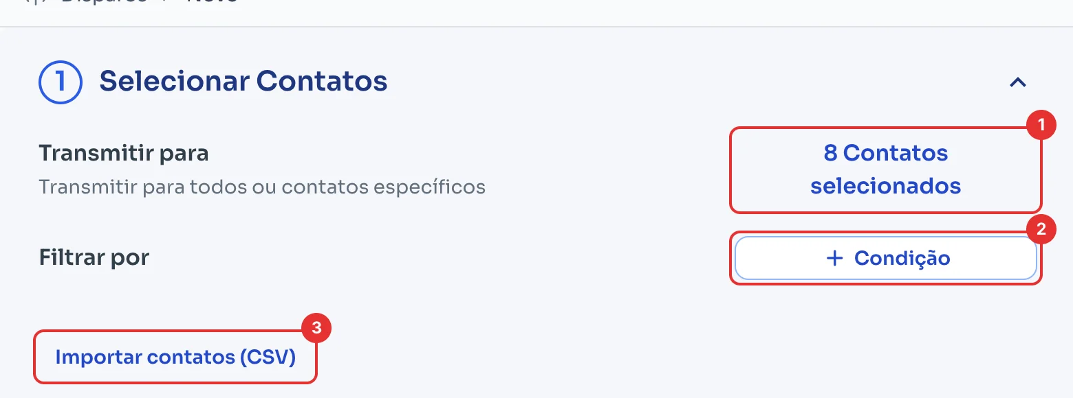 Seção Selecionar Contatos com os contatos selecionados, Condição e Importar contatos