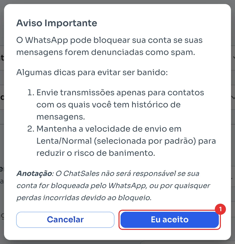 Aviso Importante sobre bloqueios com o botão Eu aceito