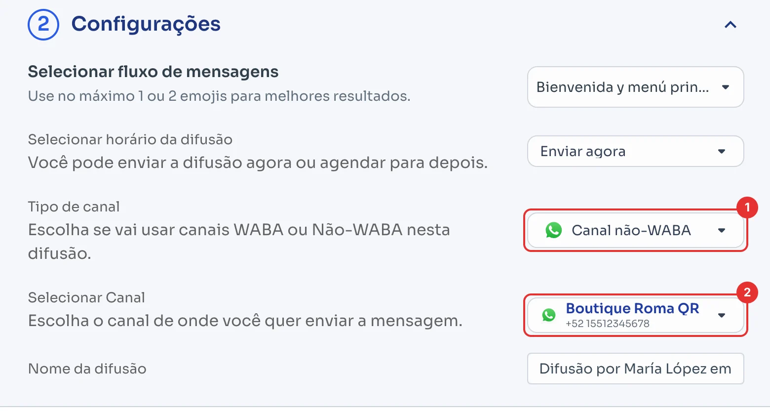 Tipo de canal Canal não-WABA e o canal QR selecionado