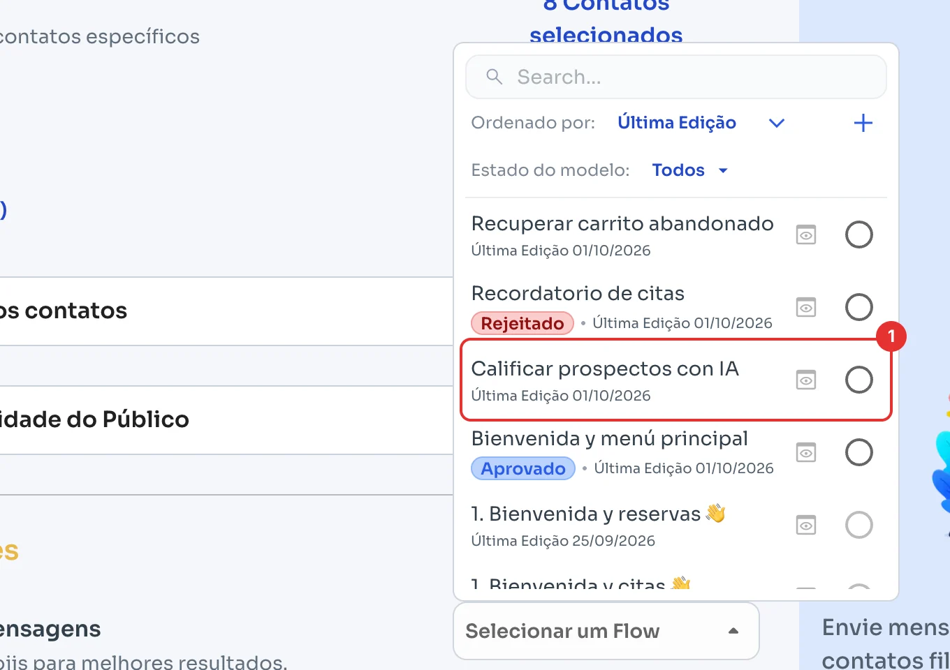 Lista de fluxos de mensagens com uma mensagem marcada