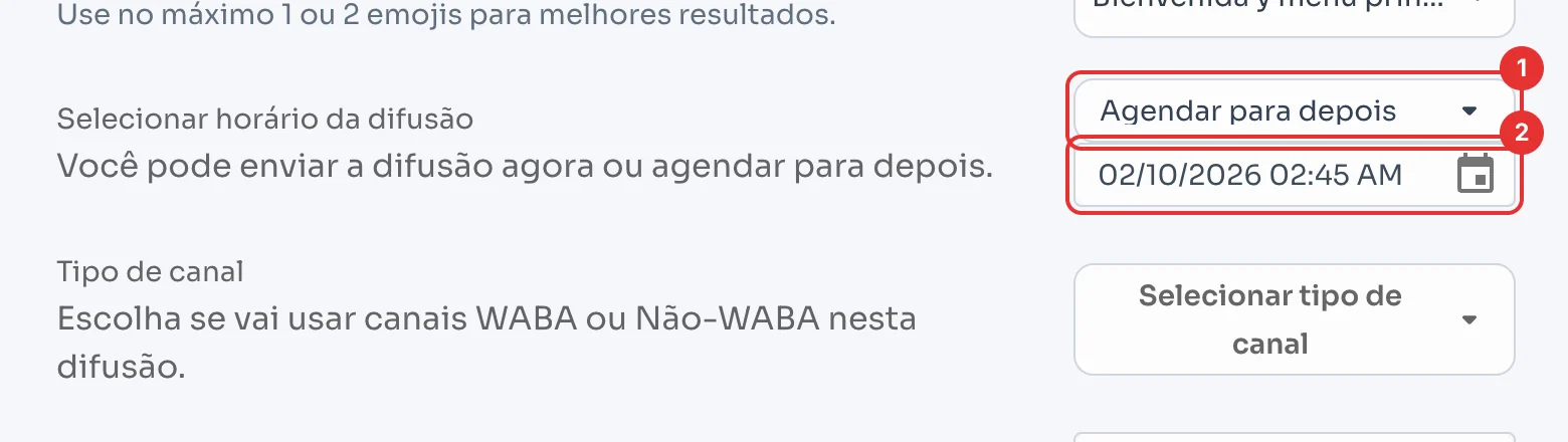 Horário da difusão com Agendar para depois e a data