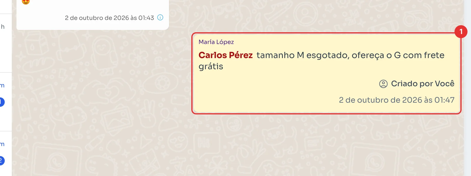 Anotação amarela no chat com um colega mencionado