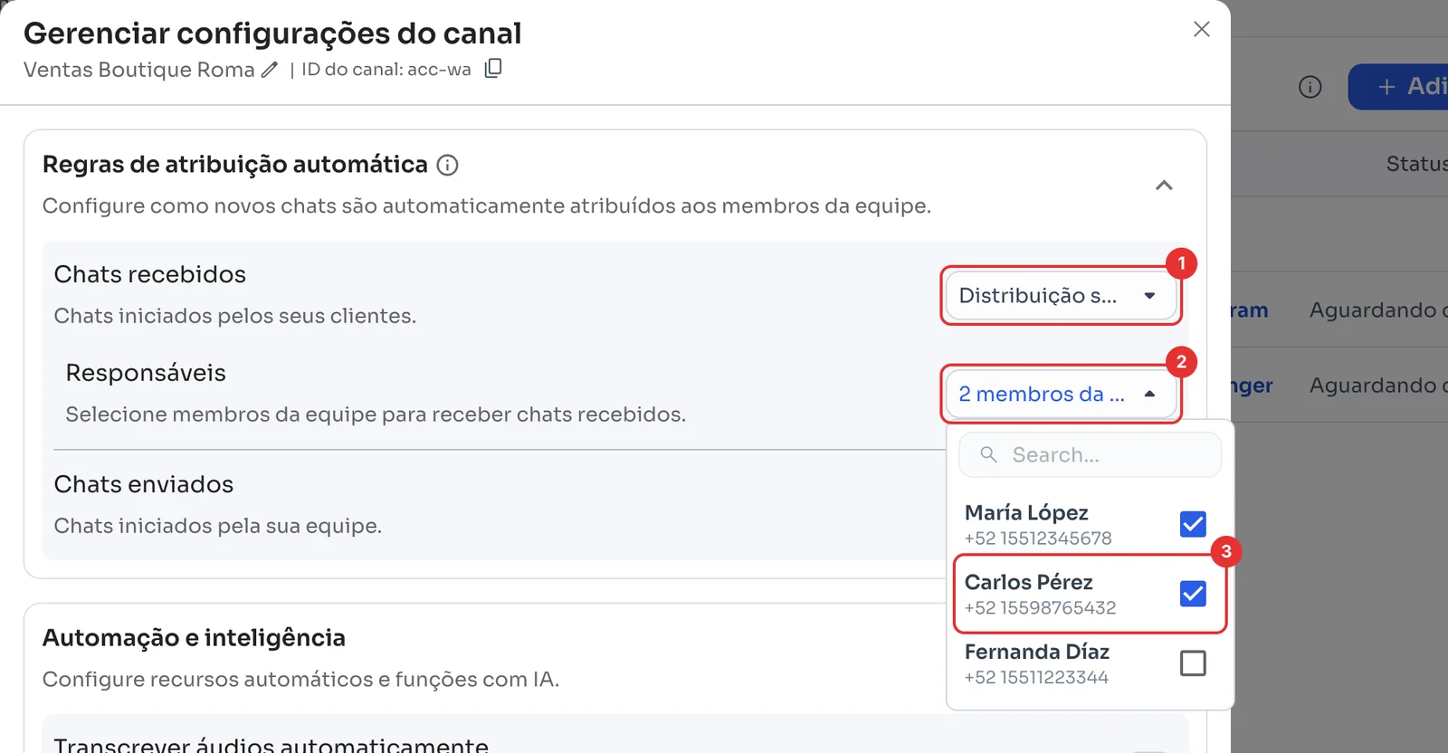 Distribuição sequencial ativa com a lista de Responsáveis aberta