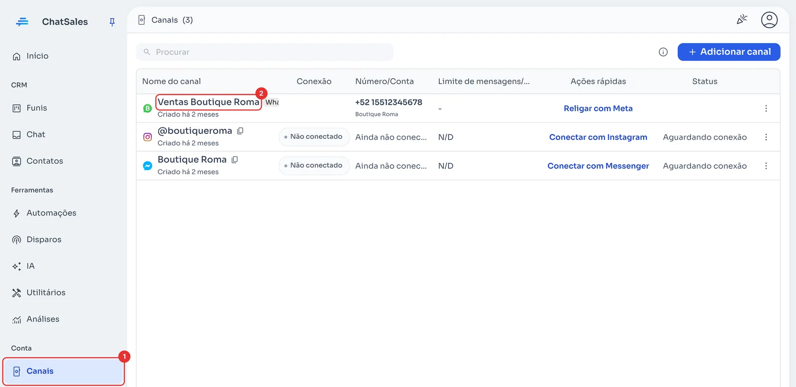 Lista de canais com o menu Canais e o nome do canal