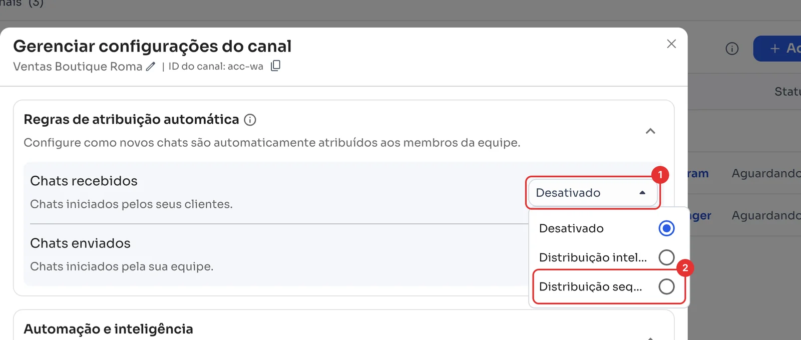 Lista de Chats recebidos com Desativado, Distribuição inteligente e Distribuição sequencial