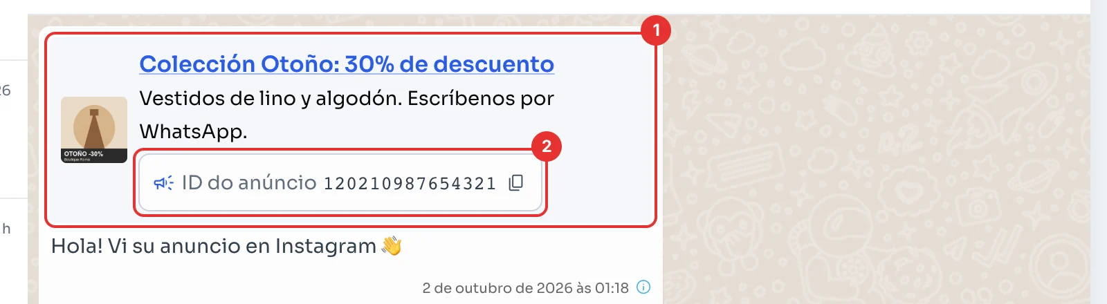 Primeira mensagem do cliente com o cartão do anúncio e o ID