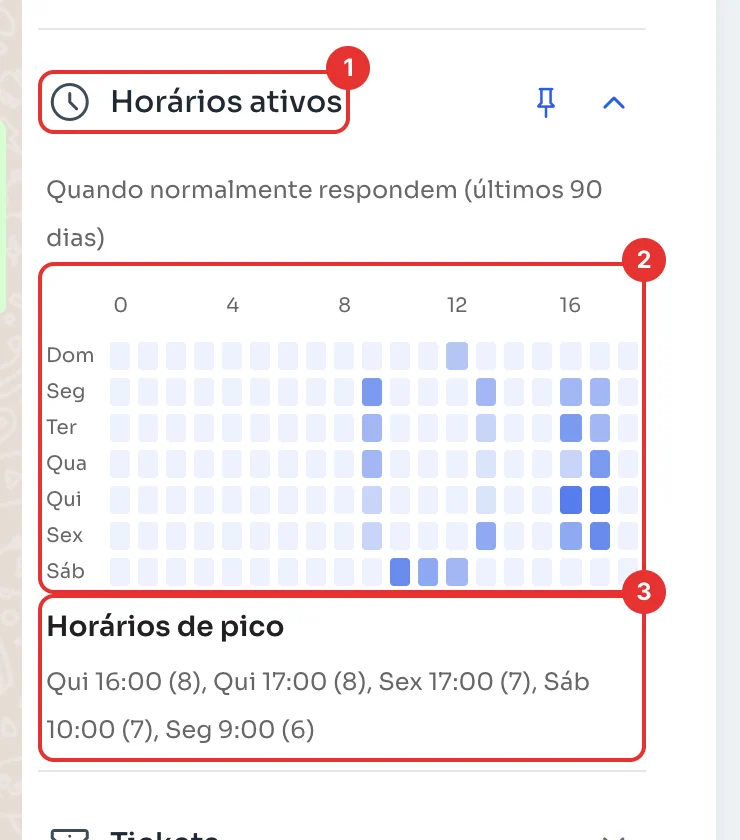 Horários ativos com o mapa de calor e os horários de pico