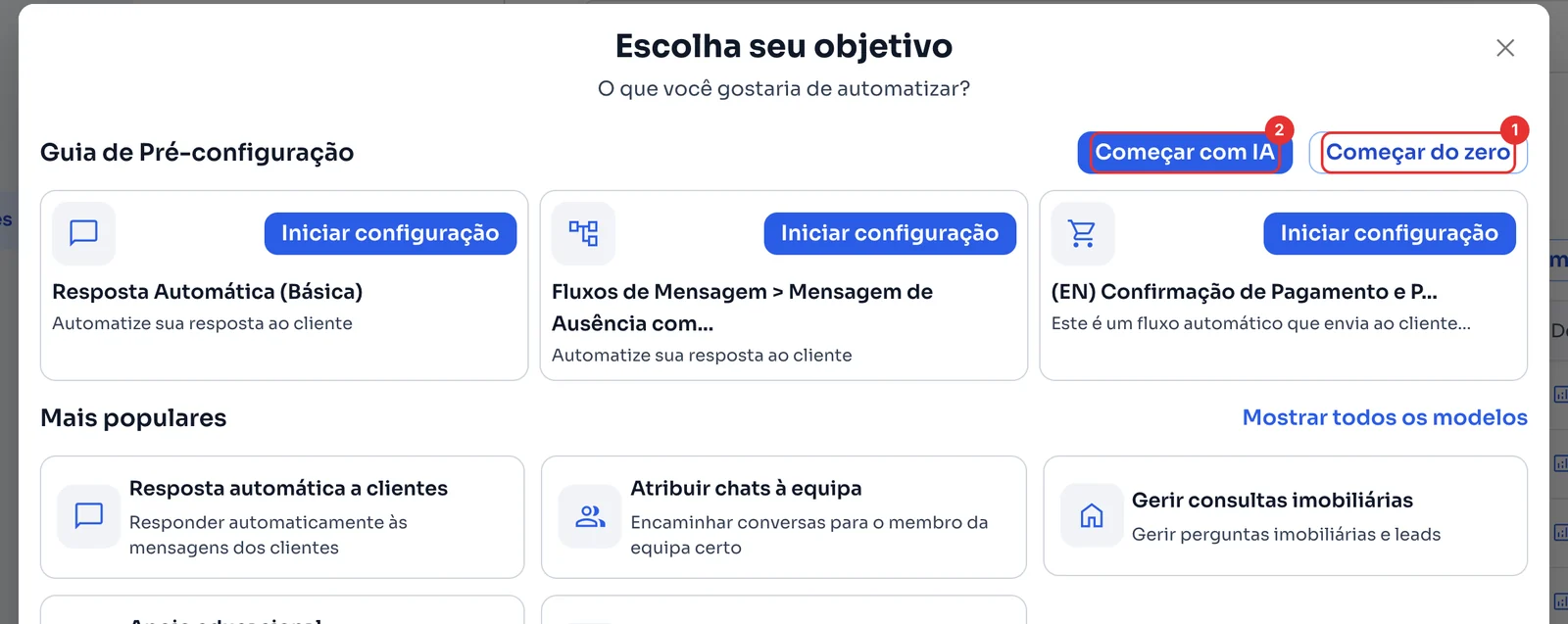 Janela Escolha seu objetivo com Começar do zero e Começar com IA