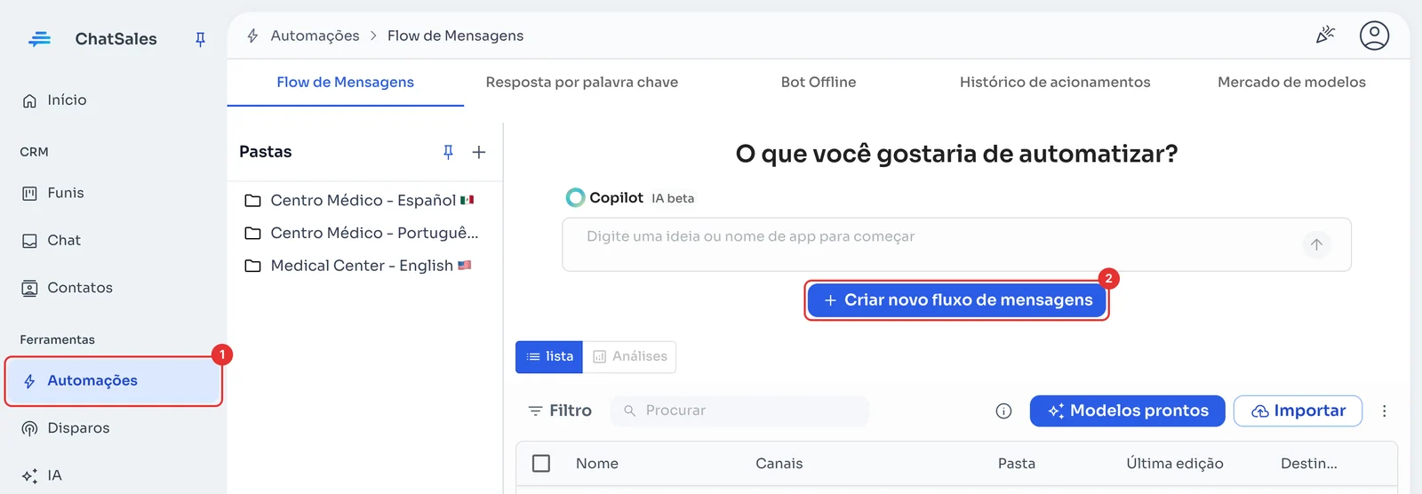 Flow de Mensagens com o botão Criar novo fluxo de mensagens