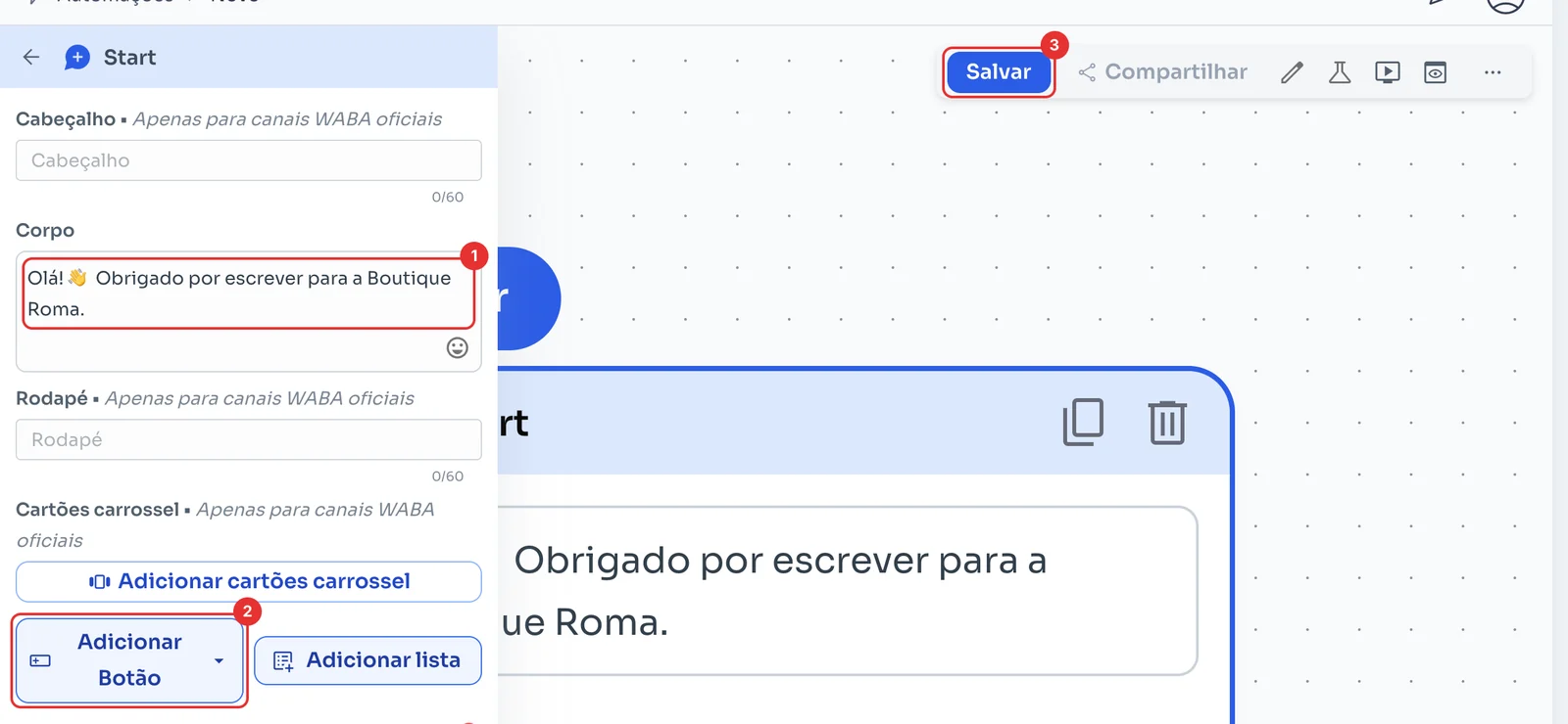 Editor da mensagem com Corpo, Adicionar Botão e Salvar