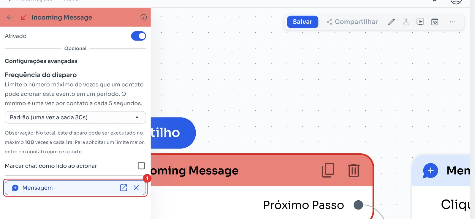 Painel do gatilho com a mensagem ligada